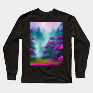 AI Generated Art Scenery - Colourfull Mystical Forest With Lush Grass and Pink Trees Long Sleeve T-Shirt